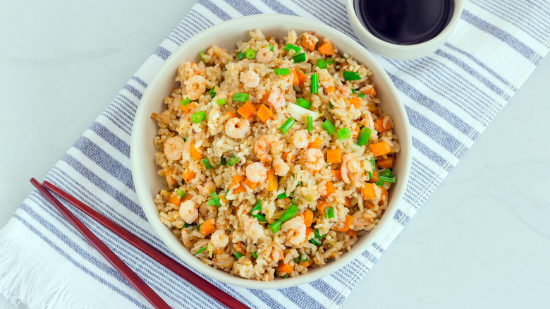 Bowl of shrimp rice with scallions