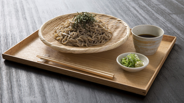 Soba noodles on wooden tray