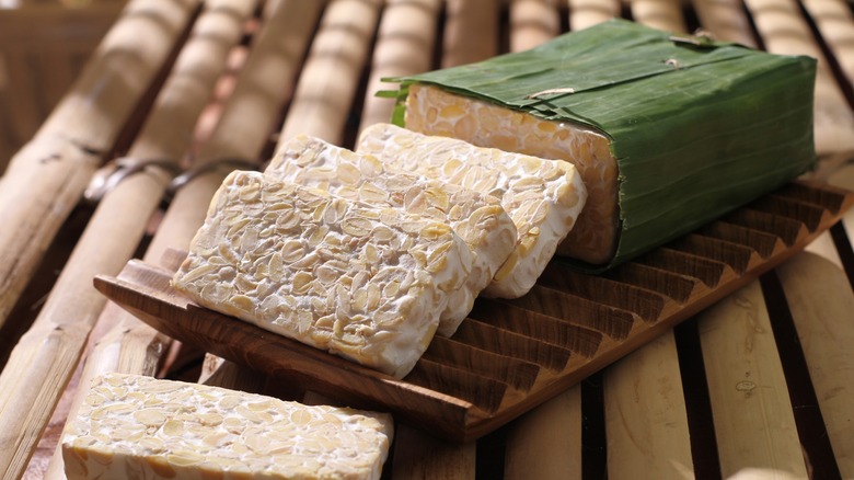 A sliced block of tempeh