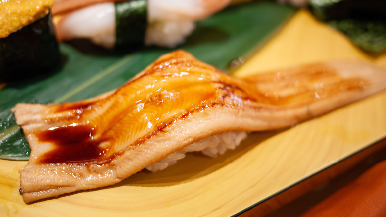 Anago nigiri on a plate