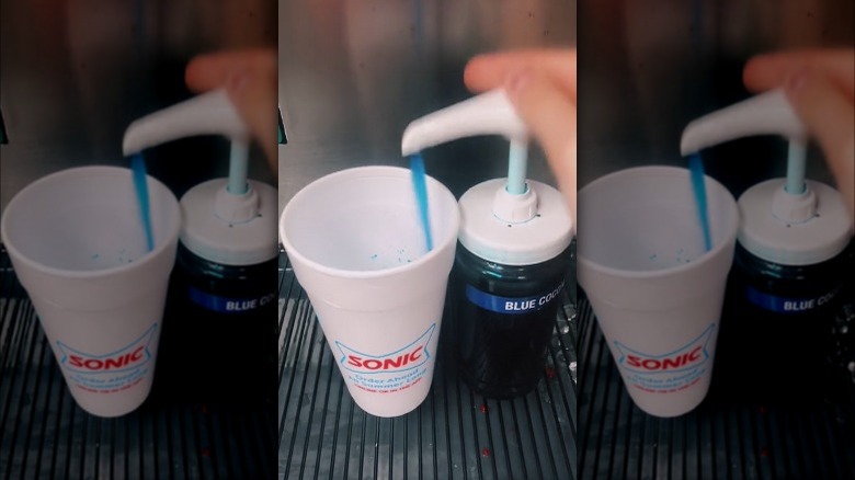 adding blue coconut syrup into sonic cup