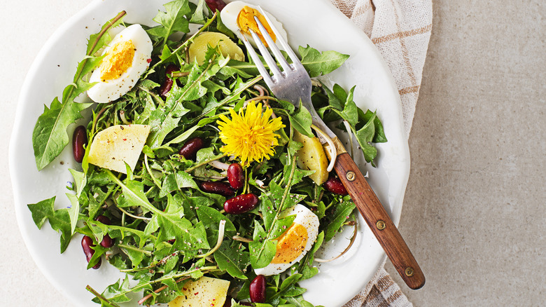 Dandelion salad with fork, linen