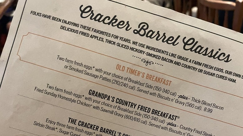 A closeup of the Cracker Barrel menu