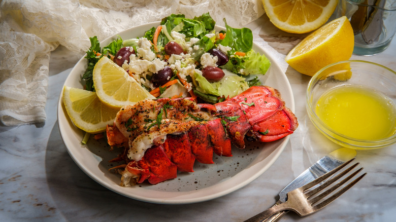 Grilled lobster tail with spice rub and side salad on plate