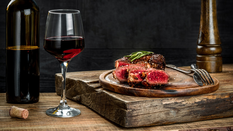 steak with glass of red wine