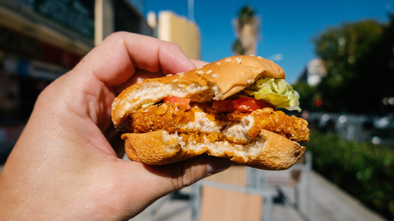 Person holding chicken sandwich