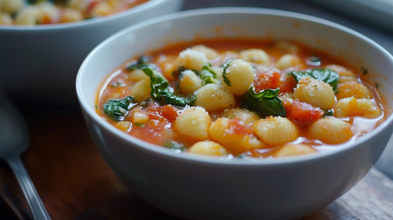 Gnocchi vegetable soup in bowl