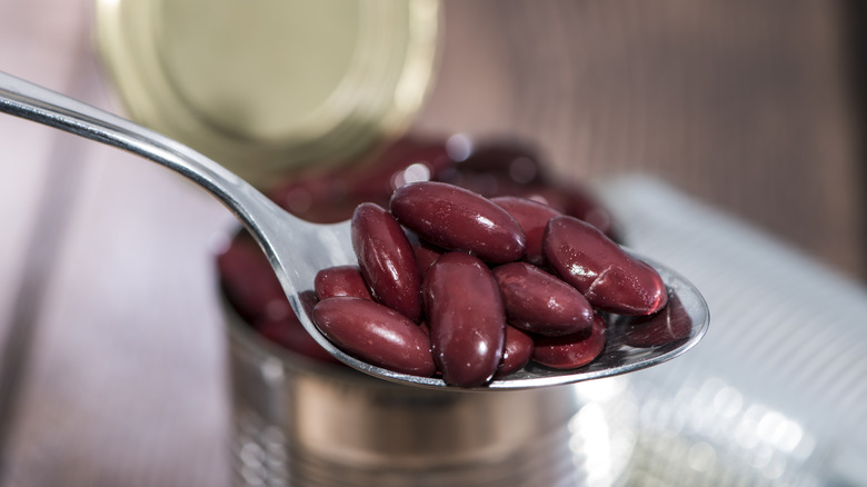 Kidney beans on spoon with can in background