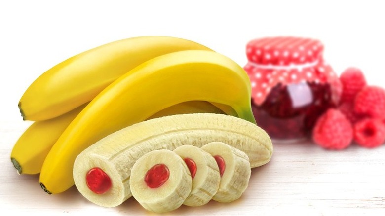 bananas filled with raspberry jam