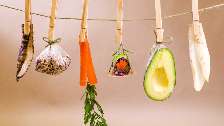 Clothespins holding up vegetables and sushi 