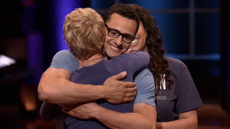 Corcoran hugs Jeff Martin on Shark Tank