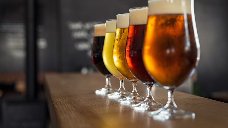 frothy glasses of beer lined up