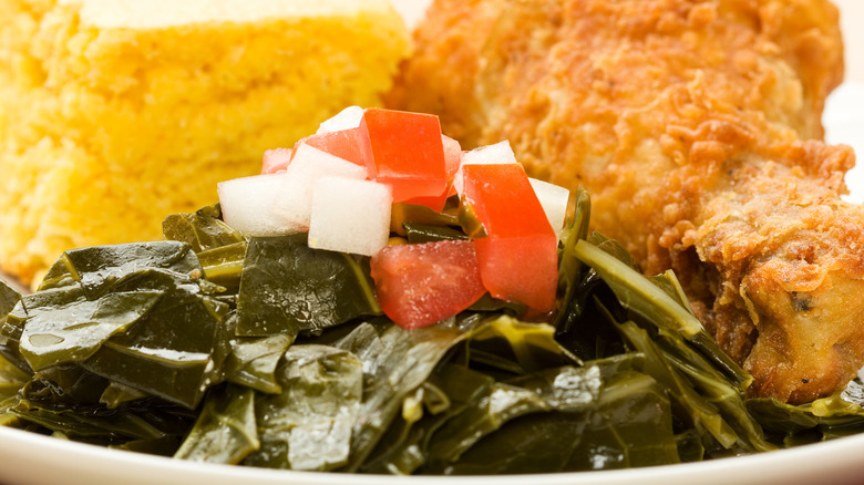 Collards, fried chicken, and cornbread