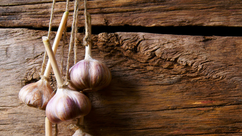 A rope of garlic bulbs hanging on a wooden wall 