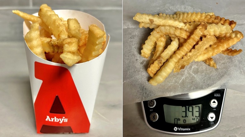 Arby's fries in container next to fries on food scale