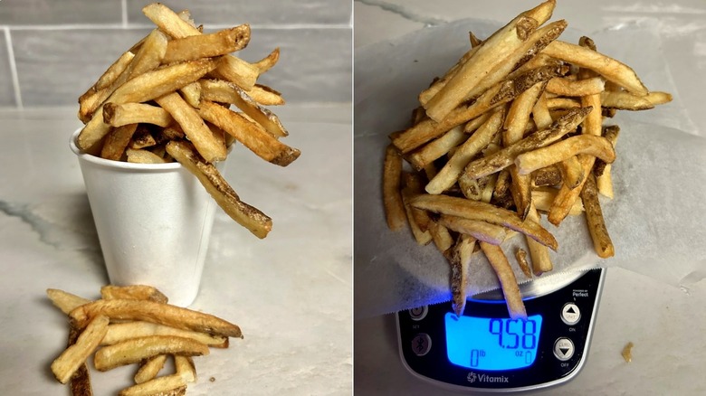 Five Guys fries in container next to fries on food scale