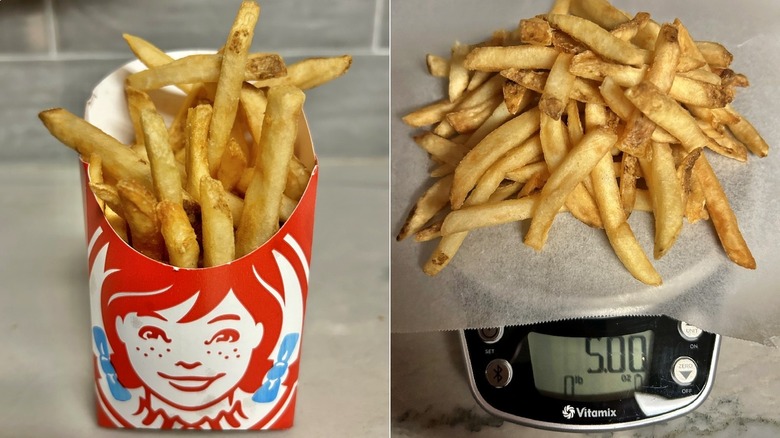 Wendy's fries in container next to fries on food scale