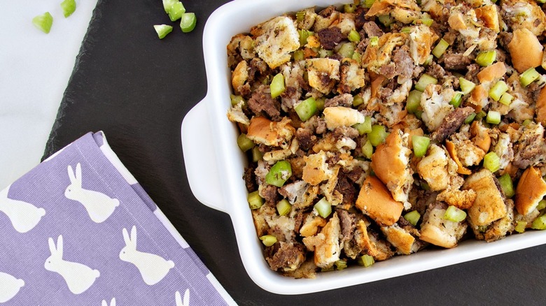 stuffing in a casserole dish made from White Castle sliders