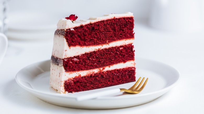 Plated red velvet cake slice