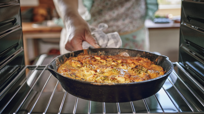 Frittata in a cast iron skillet in the oven