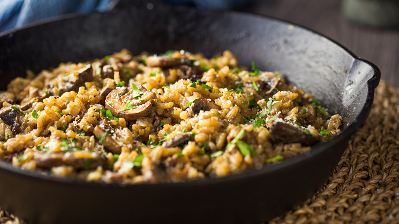 Skillet of mushroom risotto