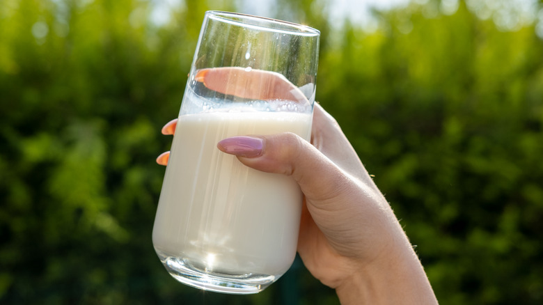 Hand holding a glass of milk outside