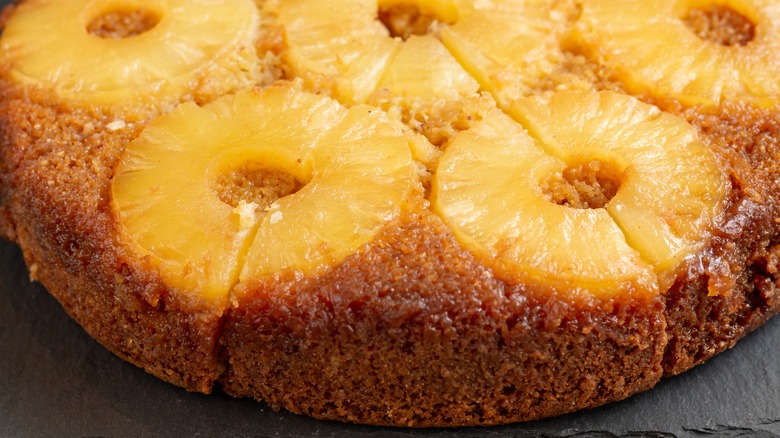 detail of top layer of pineapple upside down cake