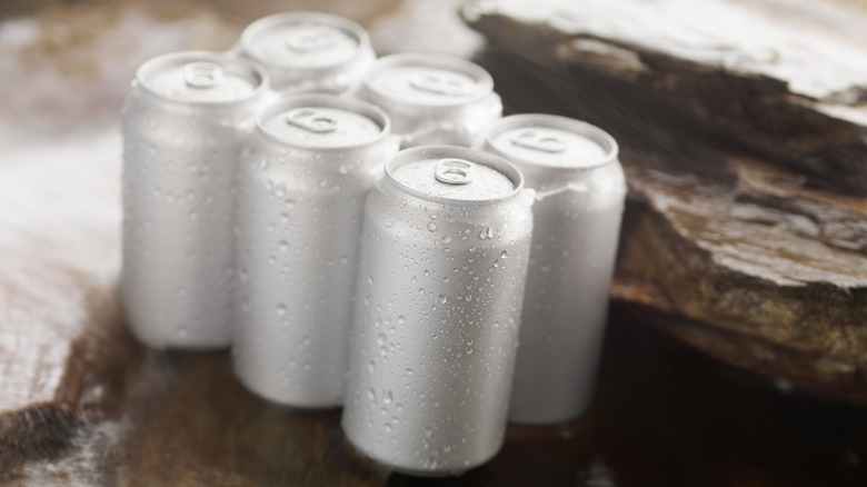 A plain silver six pack of canned water on a rocky surface