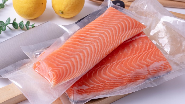 Vacuum-sealed frozen salmon