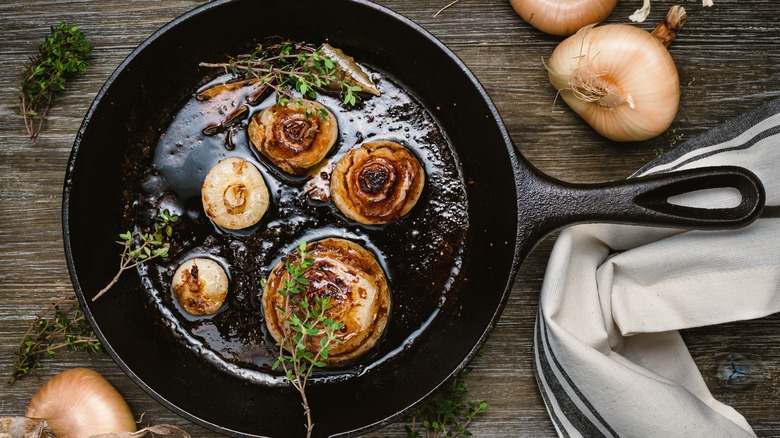 sautéing onions in a cast iron skillet