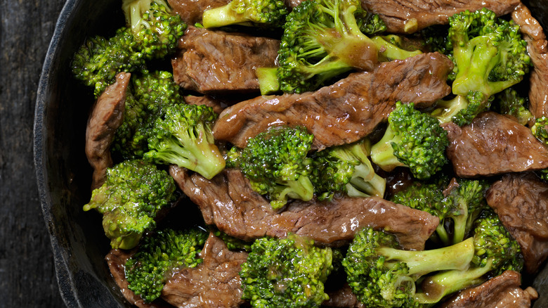 broccoli beef in a bowl