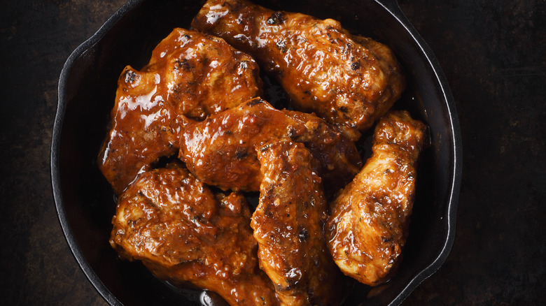 BBQ-glazed chicken in pan