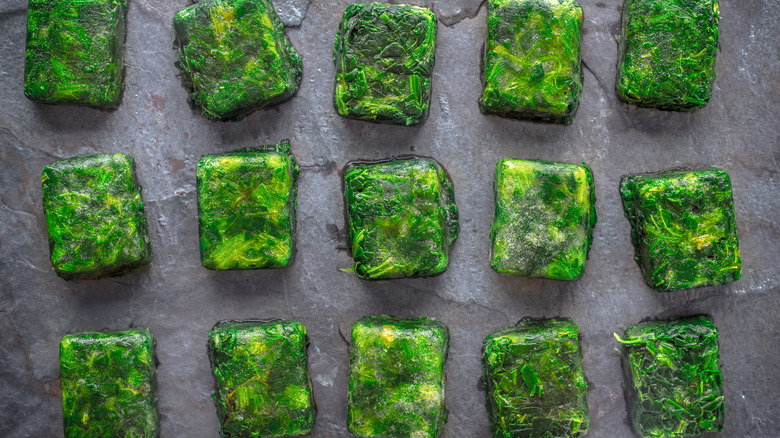 Cubes of frozen spinach