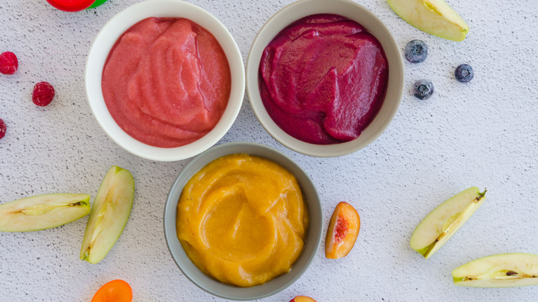 Various fruit purees in bowls