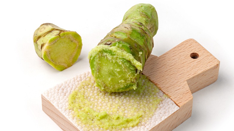 Grated wasabi on cutting board