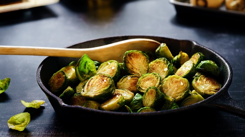 Brussels sprouts in a cast iron pan