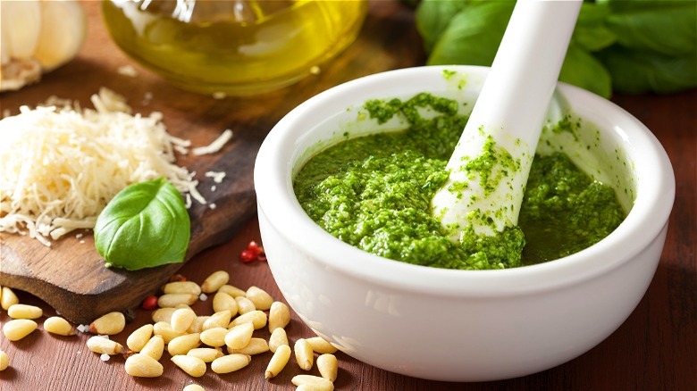 Pesto made with mortar and pestle