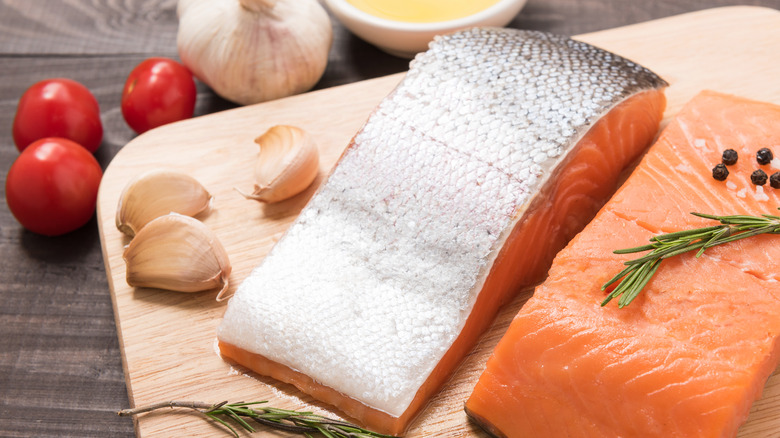 Salmon filet on cutting board