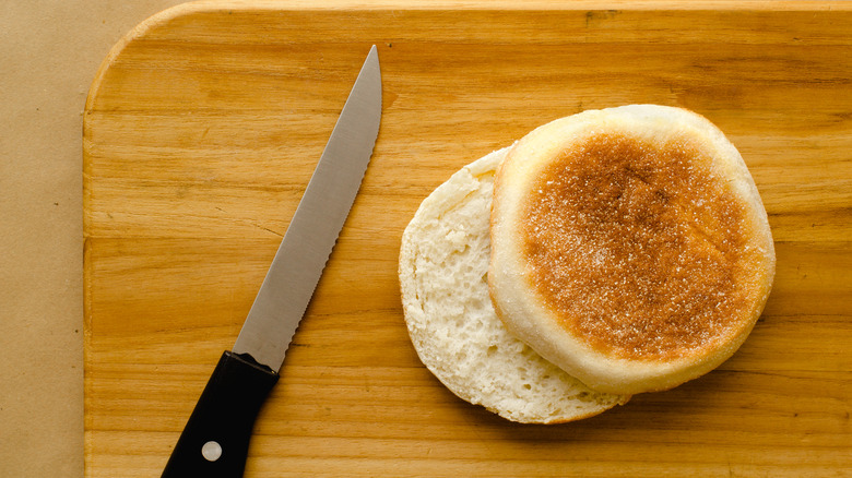 English muffin next to a knife