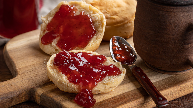 An English muffin with jam on it