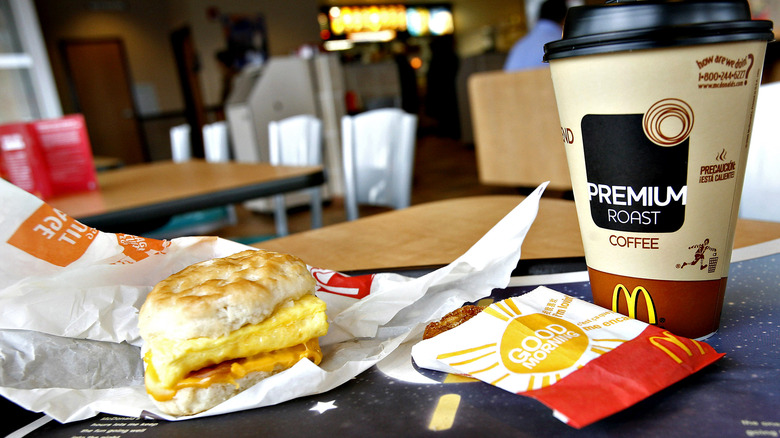 McDonald's breakfast items on tray in restaurant