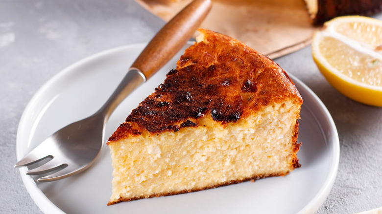 piece of sliced basque cheesecake