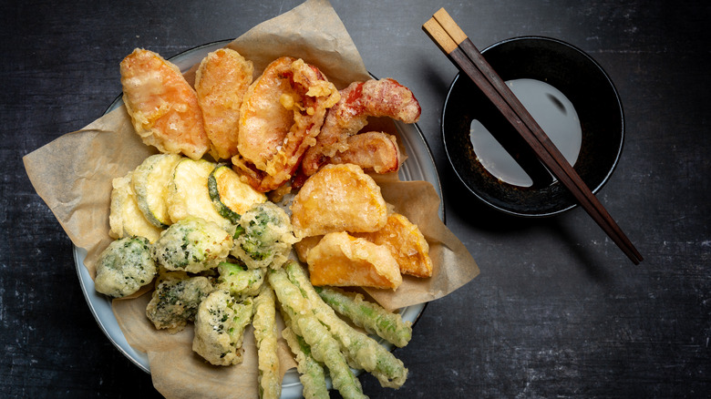 Tempura vegetables and meat