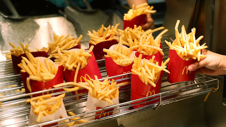 McDonald's fry containers on rack