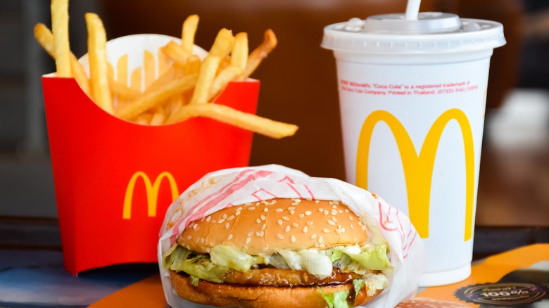 McDonald's sandwich, fries, and a drink