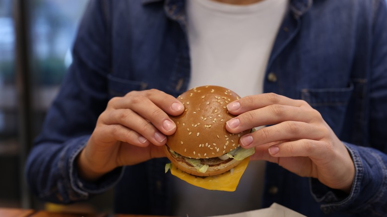 someone holding mcdonald's burger