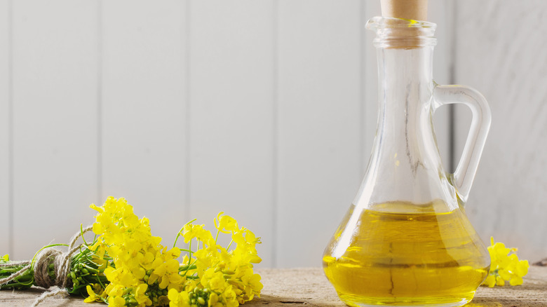 canola oil in glass jug