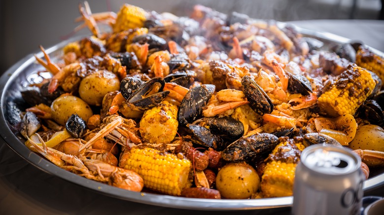 steaming seafood boil with beer