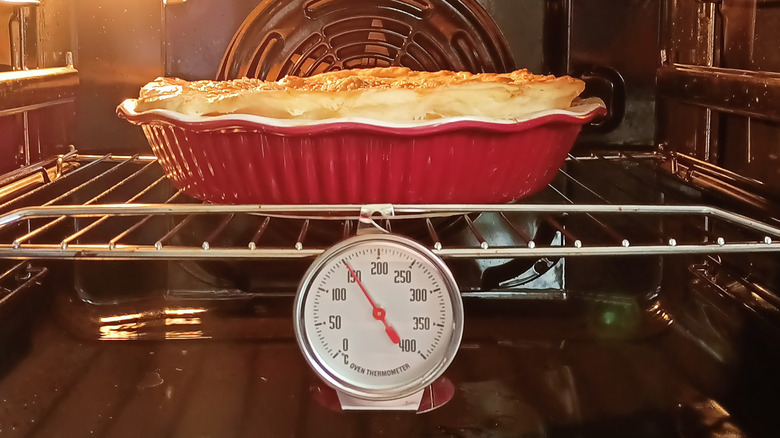 oven thermometer on rack pie