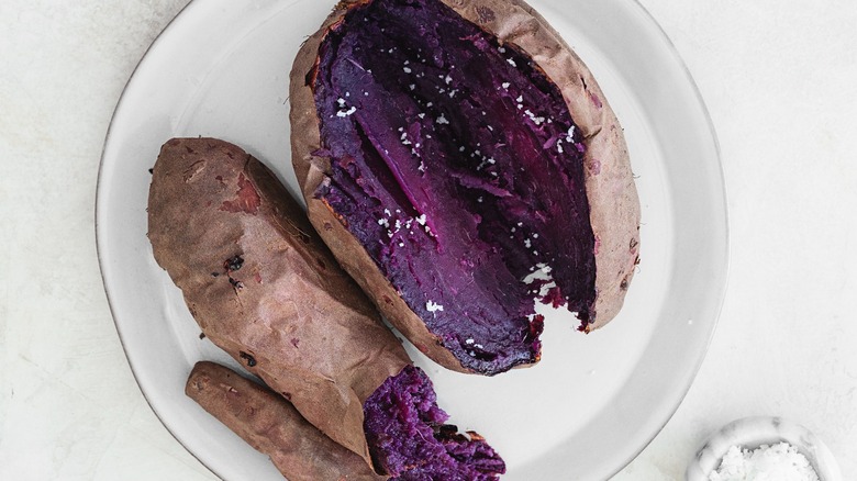 Baked purple sweet potato sliced salted